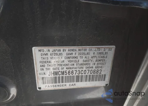 2003 Honda Accord 2.4 Ex from USA, damaged, VIN JHMCM56673C070882